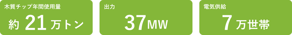木質チップ年間使用量約21万トン　出力37MW　電気供給７万世帯